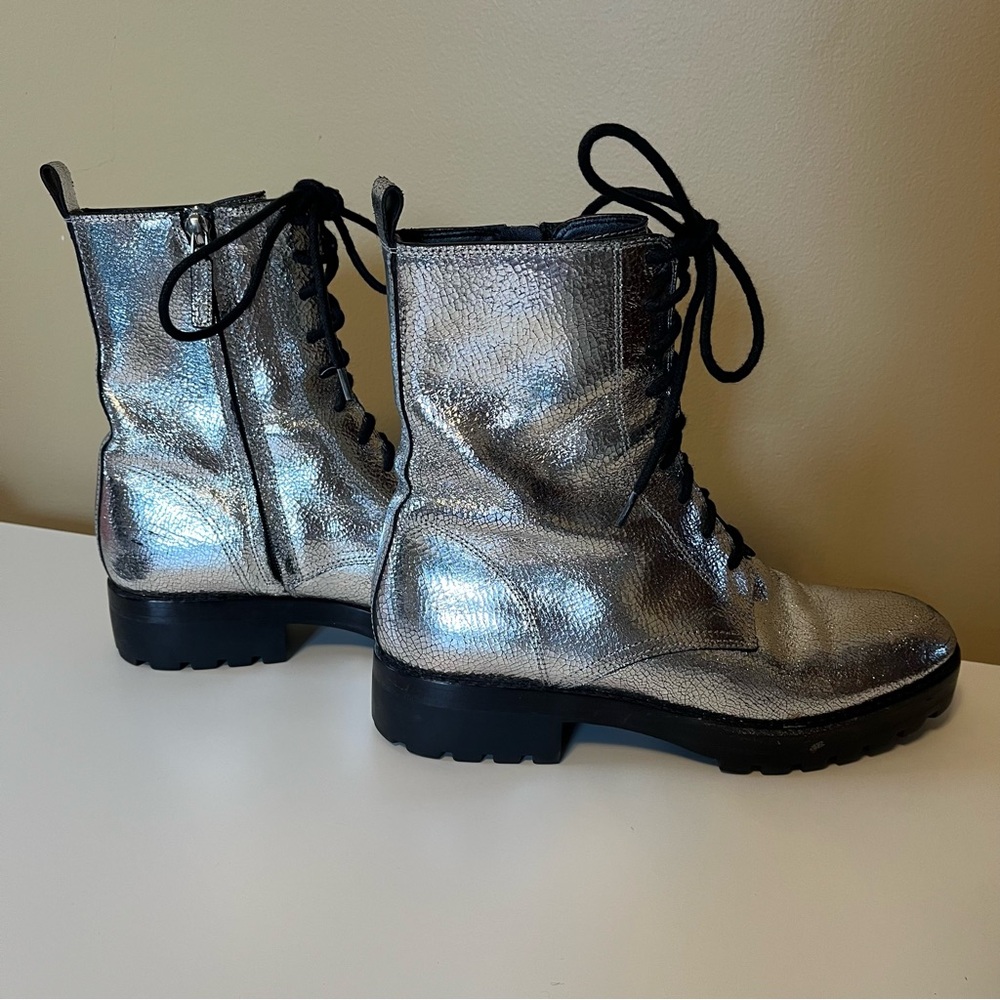 Michael Kors Collection Gita Crackled Silver Metallic Leather Combat Booties - Picture 5 of 13